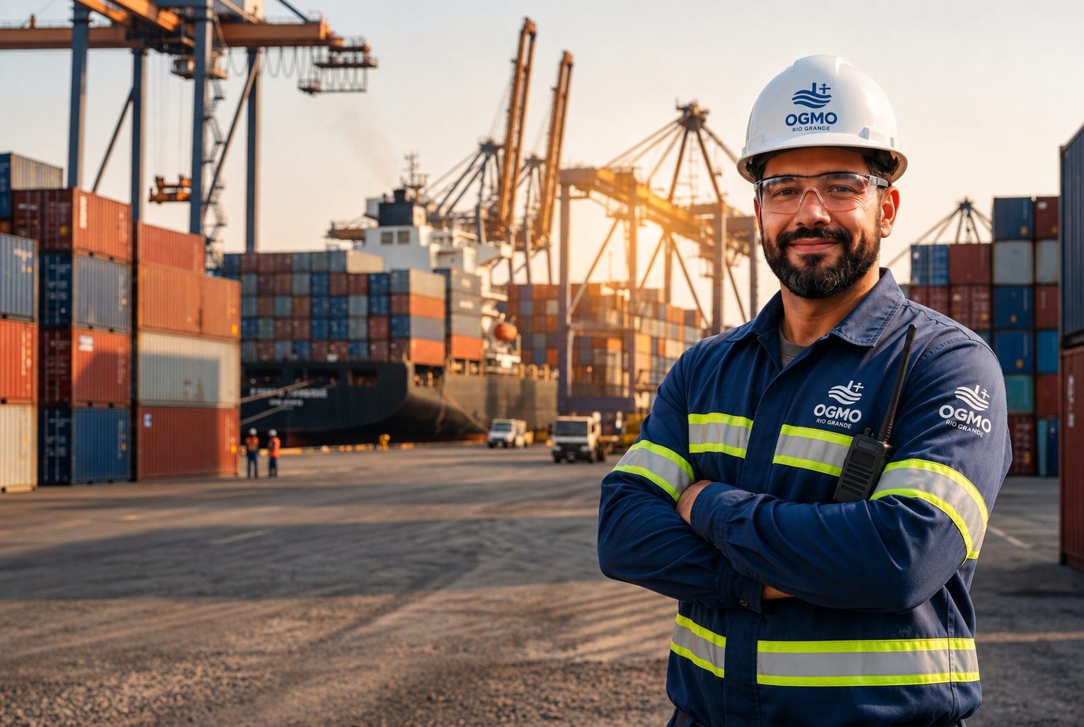 Trabalhador portuário com capacete OGMO em pátio de contêineres com navios ao fundo